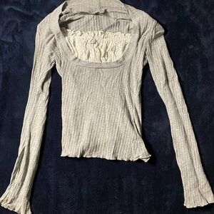 Women's Gray Ribbed Long Sleeve Top Lace bust